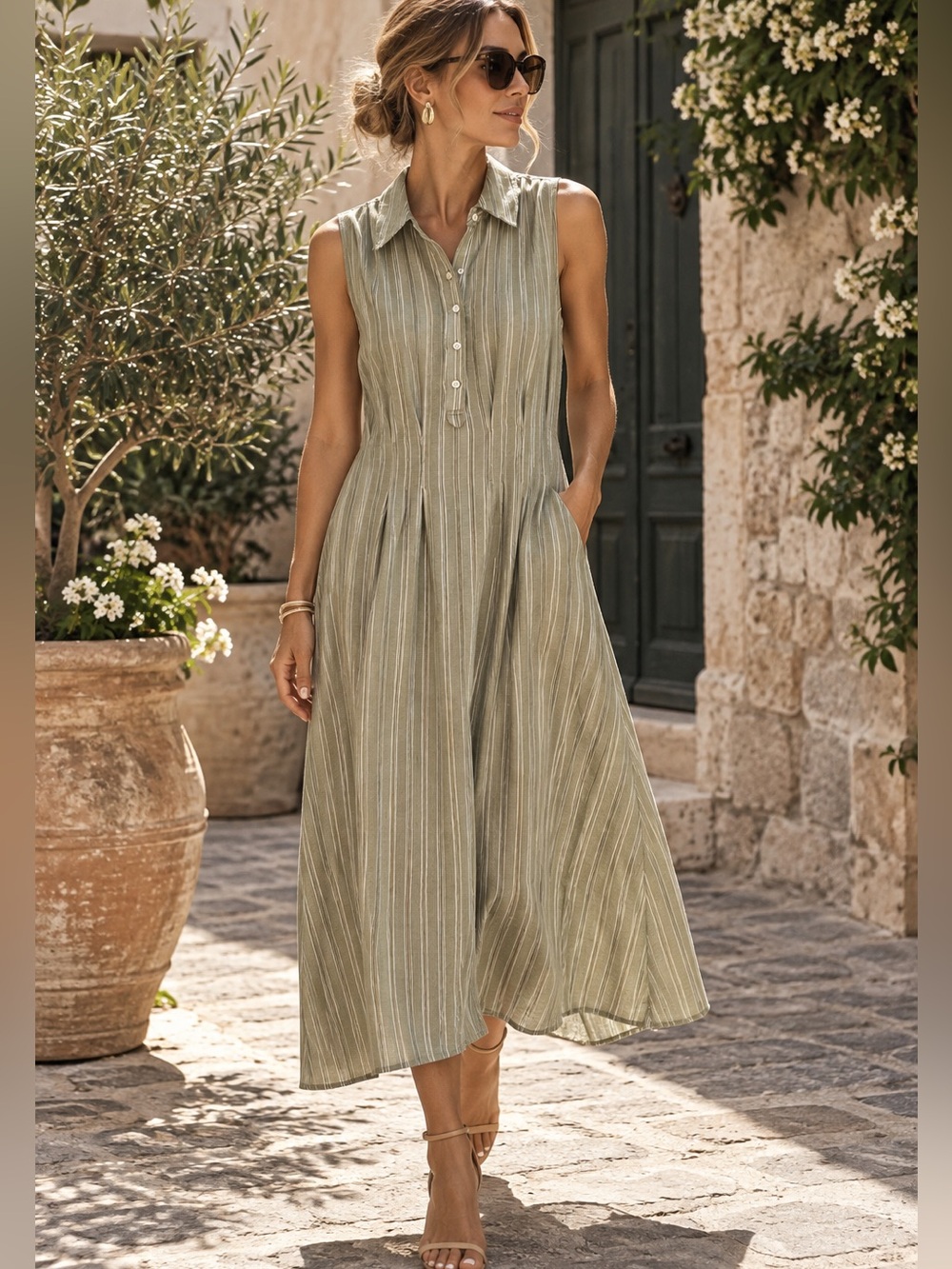 Max Studio London Striped Sleeveless Midi Shirt Dress Size L NWT